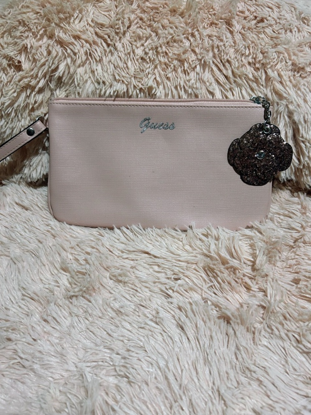GUESS Light Pink Wristlet Clutch with Floral Charm